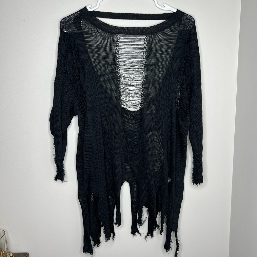 NWT- Forever 21 - black distressed open back sweater. Gothic Halloween. Small.